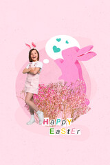 Creative invitation poster collage of cute kid girl think enjoy easter fun occasion on backyard bush bunny decoration
