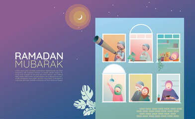 Muslim family, men, women, kids, older are waiting for the time to iftar or sahur of Ramadan. Ramadan activities, preparing food and supplication. Illustration concept of ramadan kareem 