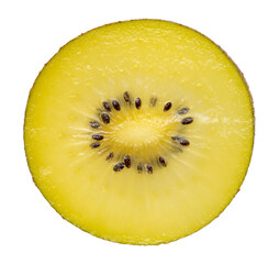 Slice of golden kiwi fruit on white background. 