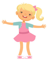 Cheerful girl character. Happy actve cartoon child