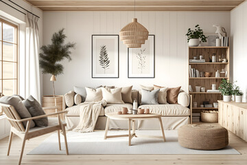 Interior of a beige living room decorated in a Scandinavia style, Generative AI