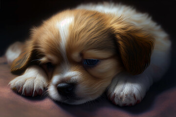 King Charles puppy sleeping close up. Baby dog portrait. Generative AI
