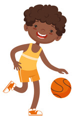 Kid playing basketball. Cartoon black boy with ball