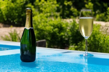 Outdoor photo of bottle of cava with glass with pool and sun background - generative ai