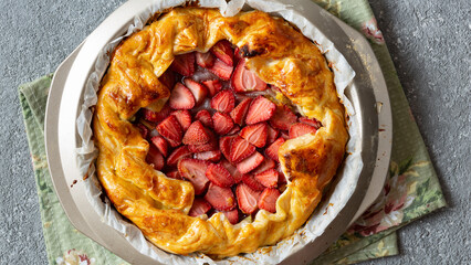 tart with strawberries. Copy space, top view.