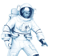 astronaut discovering in a white background close up