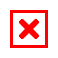 No or Wrong or Declined Rejected Icon Sign with X Cross in Red Square. Vector Image.