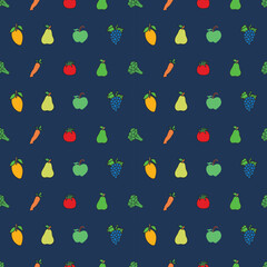 CARROT TOMATO BROCCOLI MANGO PEAR APPLE GRAPES FRUITS AND VEGETABLE MIX ITEM SEAMLESS PATTERN ALL OVER PRINT VECTOR