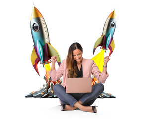 Happy woman with computer and launch of a colorful rocket isolated on PNG clear background, mockup....