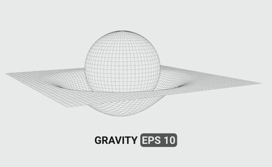 3D illustration of a wireframe mesh representing a gravity field distorting the space-time fabric