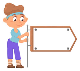 Girl with arrow sign. Cartoon kid banner template