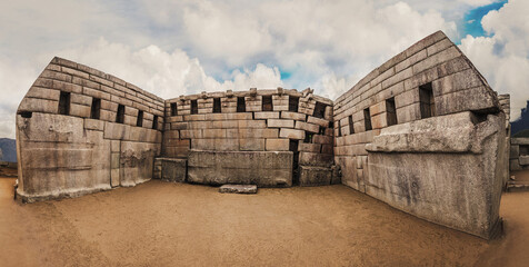 Main temple of Machu Picchu.  Ancestral architecture of the Inca civilization, Cusco Peru.