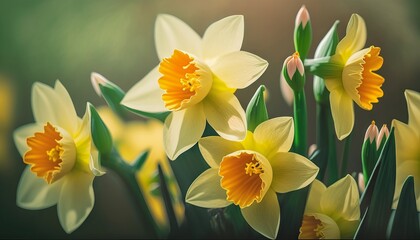 Obraz na płótnie Canvas Yellow Daffodils Flowers closeup on green background. Generative ai