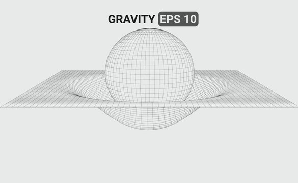 3D illustration of a wireframe mesh representing a gravity field distorting the space-time fabric