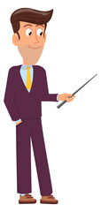 Man with wooden stick. Cartoon teacher character. Business mentor