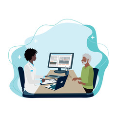 A patient in a doctor's office tells the symptoms, and the doctor writes down the prescription or diagnosis. Thank you doctors and nurses. Vector illustration in a flat style.