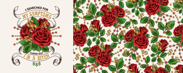 Set of pattern, emblem with text, ribbons, lush blooming red roses, gold ball chains with rhinestones. White background. Vector vintage illustration. For T-shirt, clothing, surface design