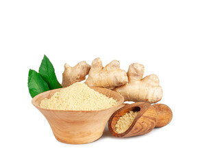 Ginger powder and ginger root isolated on a white background