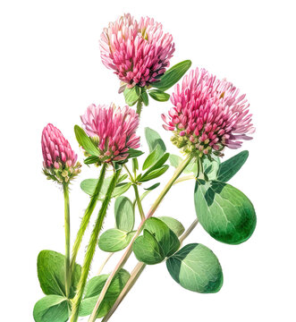 Red clover plant isolated on white. Generative AI illustration in detailed watercolour style