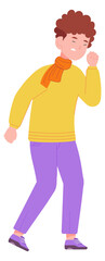 Coughing kid. Unhealthy boy. Sick child character
