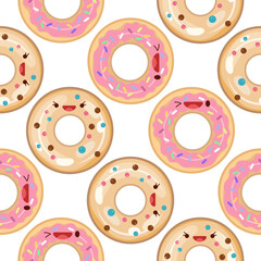 Fototapeta premium Cute donuts seamless pattern. Vector illustration. Food icon concept. Flat cartoon style.