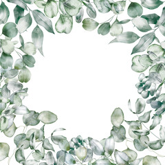 Fototapeta na wymiar Watercolor floral illustration – Eucalyptus frame, greenery, herbal, botany plant for wedding design