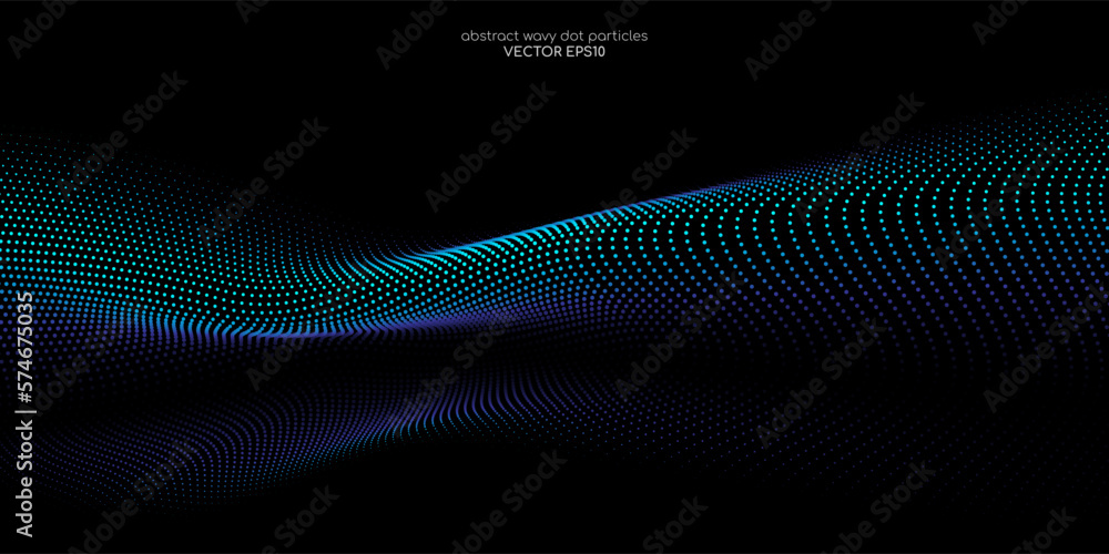 Poster Flowing dot particles wave pattern 3D curve blue and green gradient light isolated on black background. Vector in concept of AI technology, science, music.
