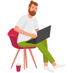 Bearded man typing from home office with his laptop on laps, distant employee. Flat vector illustration of a freelancer with coffee working on his notebook.