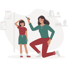 Fototapeta premium Mother measures the child height. Daughter and mom in the room mark the height on the meter wall. Flat vector illustration