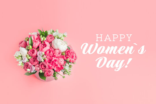 happy women s day greeting card with text on pink background