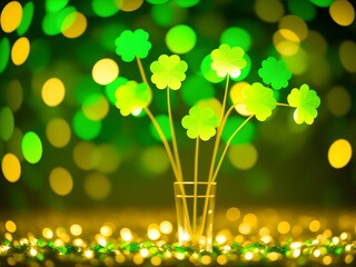 Festive background with shining clover shamrocks and golden bokeh. St. Patrick's Day backdrop. Generative AI