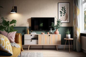 TV stand, in modern Scandinavian style, soft colors in a small apartment of a young family