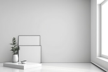 White room with empty table near bright window. Generative AI