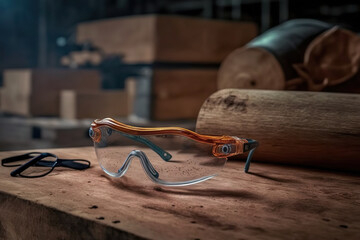 A construction worker safety glasses is placed on the factory workplace. Industrial safety PPE object. Generative Ai image.