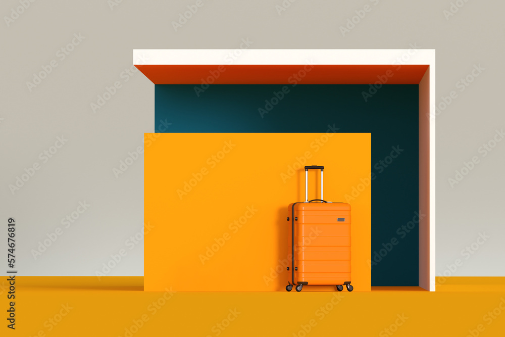 Poster Orange Modern Suitcase in Front of Minimalism Style Architectural Abstract Modern Business Building Exterior. 3d Rendering