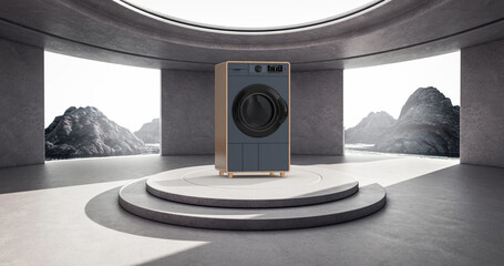 Minimalism Architecture Interior with Abstract Modern Fashion Elegant Washing Machine over Product Presentation Podium and Mountains. 3d Rendering
