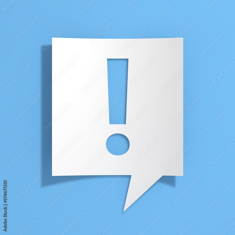Poster faq, information, exclamation mark on cutout white paper speech bubble. 3d rendering