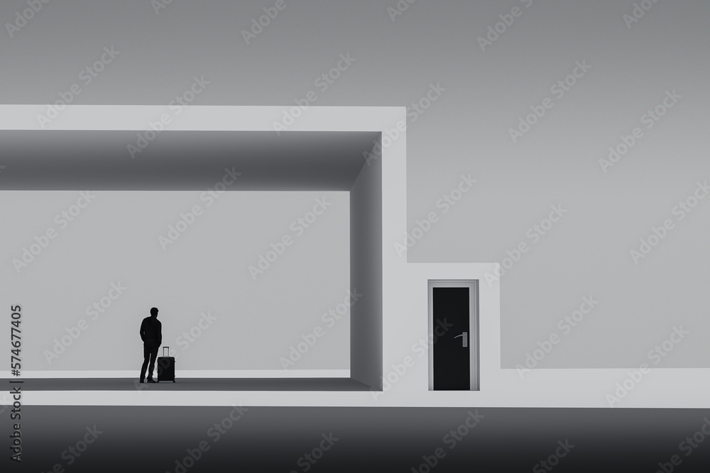 Poster silhoette of man standing with suitcase near minimalism style architectural modern business building
