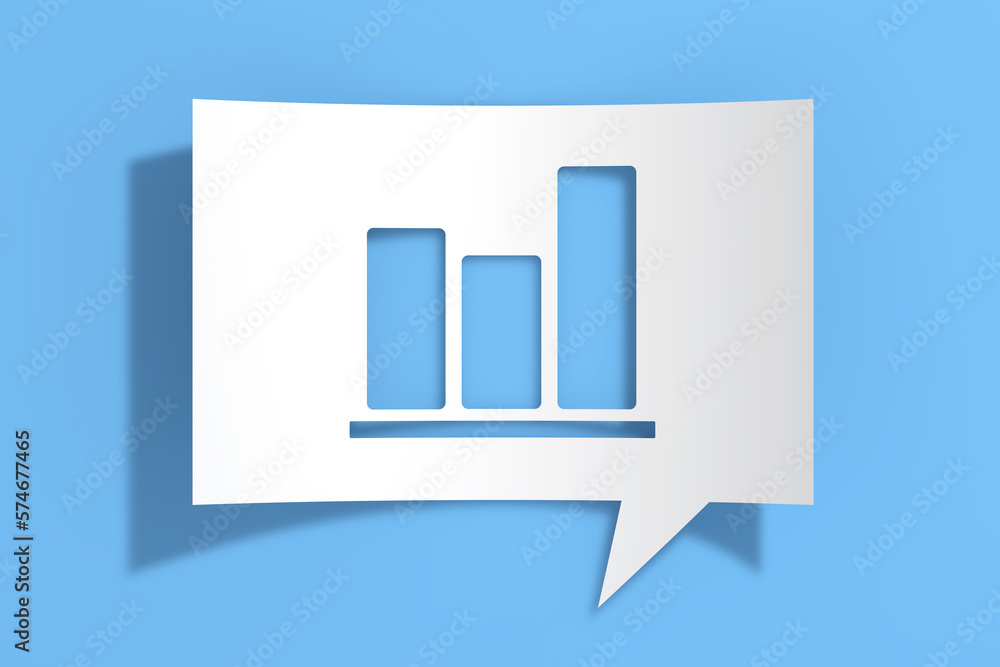 Poster graph bars icon on cutout white paper speech bubble. 3d rendering