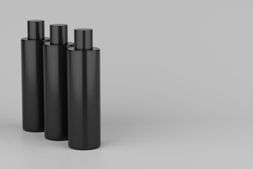Black Plastic Shampoo  Multiple Cosmetic Bottle Mockup. 3D Rendering