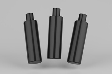 Black Plastic Shampoo  Multiple Cosmetic Bottle Mockup. 3D Rendering