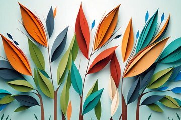 Orange, green, and blue long petals and long branches colorful background for wallpaper made by generative ai