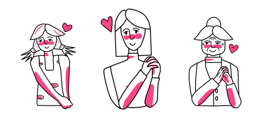 Female in love set. Collection of beloved young, adult and old women with passion, smiling. Line art drawing human characters.