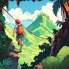 adventurous cartoon climbing a mountain with a beautiful tropical forest view. Created with Generative AI technology.