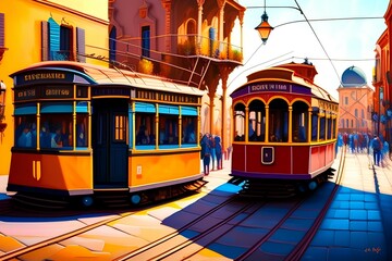 Plakat Tram in old city, oil paintings landscape - generative ai