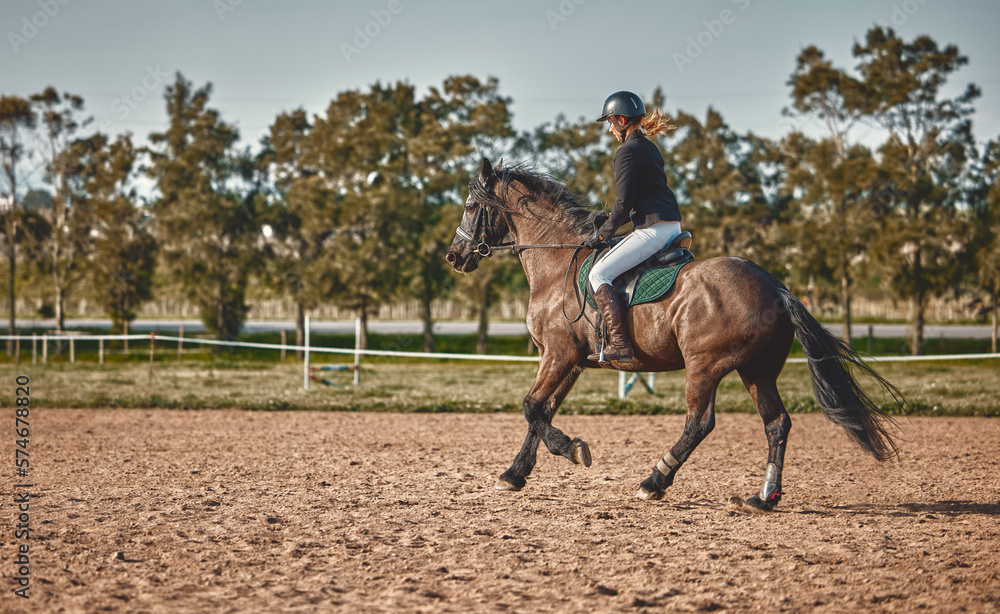 Sticker Woman, equestrian training and horse ride with mockup in nature on countryside grass field. Animal, young jockey and farm of a rider and athlete with mock up outdoor doing saddle sports with horses