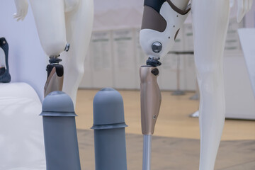 Dummy with modern prosthetic leg at medical exhibition, trade show - close up