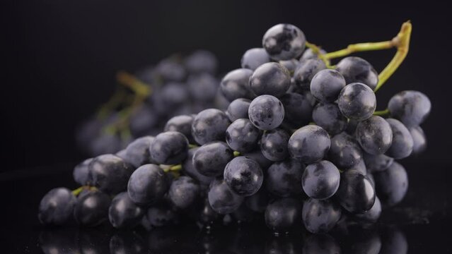 Rotate Bunches of dark grapes on black background. 