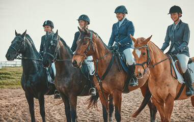 Equestrian, horse riding group and sport, women outdoor in countryside with rider or jockey,...