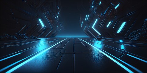 Neon Laser Blue White Led Lights Sci Fi Futuristic Modern Spaceship Dark Tunnel,digital illustration generative AI